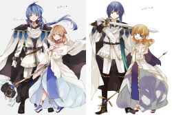 Rule 34 | 1boy, 1girl, armor, blue eyes, blue hair, boots, bracelet, brown hair, cape, fire emblem, fire emblem: genealogy of the holy war, green eyes, highres, holding, holding sword, holding weapon, jewelry, lana (fire emblem), long hair, looking at viewer, nintendo, pauldrons, ponytail, sandals, seliph (fire emblem), shoulder armor, smile, staff, sword, weapon, yuuri (114916)