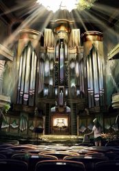 Rule 34 | 1girl, auditorium, chair, commentary request, hole in ceiling, instrument, light rays, long hair, miniskirt, music stand, original, pipe organ, ruins, shirt, short sleeves, skirt, solo, standing, tadano natsu, very wide shot, white shirt