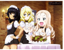 Rule 34 | 3girls, absurdres, andou (girls und panzer), apron, black dress, black hair, blonde hair, blue eyes, breasts, brick wall, brown eyes, cake, chair, cleavage, closed mouth, crossed arms, dark-skinned female, dark skin, dress, eating, food, fork, girls und panzer, green eyes, hair between eyes, highres, holding, holding fork, holding knife, knife, light brown hair, maid, maid apron, maid headdress, marie (girls und panzer), mc axis, multiple girls, official art, open mouth, oshida (girls und panzer), plate, scan, sconce, scowl, sitting, small breasts, smile, window, wrist cuffs