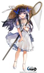 Rule 34 | 1girl, bag, bare legs, black hair, blue bag, blue eyes, brown hat, butterfly hair ornament, choker, collarbone, commentary request, dress, flower, frilled dress, frills, full body, hair ornament, hat, high heels, highres, long hair, looking at viewer, mo:oku, off-shoulder dress, off shoulder, official art, open mouth, original, ribbon, ribbon choker, shoulder bag, simple background, sky, solo, spaghetti strap, straw hat, summer, sun hat, sundress, sunflower, teeth, unleashed, upper teeth only, very long hair, white background, white dress, white footwear, white ribbon