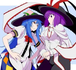 Rule 34 | 2girls, black hat, blouse, blue hair, blue skirt, blush, bow, breasts, buttons, capelet, commentary request, cowboy shot, dress shirt, eichi yuu, flat chest, food, frills, fruit, hands on own hips, hat, hat bow, hat ribbon, hinanawi tenshi, large breasts, long hair, long sleeves, looking at another, looking at breasts, multiple girls, nagae iku, peach, puffy short sleeves, puffy sleeves, purple eyes, purple hair, rainbow order, red bow, red eyes, red ribbon, ribbon, shawl, shirt, short hair, short sleeves, skirt, sweat, touhou, very long hair, white shirt