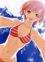 Rule 34 | 1girl, armpits, backlighting, bikini, breasts, breasts apart, brown eyes, cleavage, cloud, day, foreshortening, from below, halterneck, hip focus, navel, open mouth, outdoors, petite, reaching, reaching towards viewer, red bikini, red hair, seena kanon, sega, shining (series), shining wind, short hair, skinny, sky, slender, smile, solo, stomach, string bikini, striped bikini, striped clothes, swimsuit, teeth, tony taka, upper teeth only, wide hips