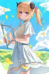 Rule 34 | 1girl, absurdres, animal ears, blonde hair, blush, bracelet, breasts, choker, closed mouth, cowboy shot, dress, fingernails, flower bracelet, from side, hair ornament, hairclip, harp, highres, holding, holding instrument, hololive, horns, instrument, jewelry, large breasts, looking at viewer, looking to the side, medium hair, music, nail polish, niji (rudduf232), overskirt, playing instrument, purple eyes, red choker, red nails, ribbon choker, sailor collar, sailor dress, sheep ears, sheep girl, sheep horns, short dress, short sleeves, side ponytail, skirt, smile, solo, tsunomaki watame, tsunomaki watame (street casual), virtual youtuber, white dress, white skirt
