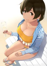 Rule 34 | 1girl, bikini, blue jacket, blush, breasts, brown eyes, brown hair, cleavage, collarbone, highres, hiryuu (kancolle), jacket, kantai collection, large breasts, long sleeves, looking at viewer, sandals, short hair, sitting, smile, solo, striped clothes, striped jacket, swimsuit, thighs, wa (genryusui), yellow bikini