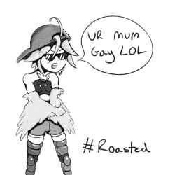 Rule 34 | 1girl, ahoge, backwards hat, bare shoulders, baseball cap, breasts, chain necklace, commentary, english commentary, english text, feathered wings, feathers, greyscale, hair between eyes, harpy, hashtag, hat, inktober, jewelry, knightmareluna, midriff, monochrome, monster girl, monster musume no iru nichijou, necklace, open mouth, papi (monster musume), scales, short hair, shorts, simple background, small breasts, solo, strapless, sunglasses, tube top, winged arms, wings