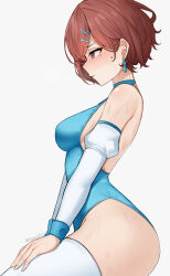 Rule 34 | 1girl, backless leotard, blue leotard, blush, breasts, brown hair, commentary, detached sleeves, earrings, english commentary, fingernails, from side, hair ornament, hands on own thighs, highres, higuchi madoka, idolmaster, idolmaster shiny colors, impossible clothes, impossible leotard, jewelry, leotard, long sleeves, medium breasts, mole, mole under eye, nassss, profile, seiza, short hair, sideboob, sitting, solo, sweat, thighhighs, white thighhighs, x hair ornament