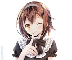 Rule 34 | 1girl, ;), artist name, black dress, brown hair, commentary request, dress, frilled dress, frills, grey hairband, hairband, index finger raised, kantai collection, kukimaru, looking at viewer, one-hour drawing challenge, one eye closed, shiratsuyu (kancolle), short hair, simple background, smile, solo, upper body, white background