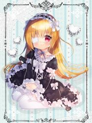 Rule 34 | 1girl, black dress, black footwear, black hairband, blonde hair, blush, bow, closed mouth, commentary request, dress, eyepatch, frilled hairband, frills, gothic lolita, hair between eyes, hairband, hands on lap, heart, highres, kohaku muro, layered sleeves, lolita fashion, long hair, long sleeves, looking at viewer, mary janes, medical eyepatch, original, own hands together, puffy short sleeves, puffy sleeves, red eyes, shoes, short over long sleeves, short sleeves, sitting, sleeves past wrists, smile, solo, thighhighs, v arms, very long hair, wariza, white bow, white thighhighs, wide sleeves