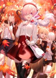 Rule 34 | 4girls, absurdres, ahoge, alternate costume, artoria pendragon (all), artoria pendragon (fate), autumn leaves, beret, blonde hair, braid, breasts, camera, closed mouth, fate/grand order, fate (series), food, fou (fate), french braid, fujimaru ritsuka (female), glasses, green eyes, hair ornament, hair over one eye, hair scrunchie, hat, highres, large breasts, light purple hair, looking at viewer, mash kyrielight, mashima saki (mashimasa), medium breasts, multiple girls, official alternate costume, one side up, open mouth, orange eyes, orange hair, purple eyes, saber (fate), saber alter, saber alter (ver. shinjuku 1999) (fate), scrunchie, short hair, smile, tree, yellow eyes