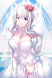 Rule 34 | 10s, 1girl, bare shoulders, blue eyes, breasts, bride, cameltoe, cleavage, cross, dress, female focus, flower, hair ornament, highres, kantai collection, kashima (kancolle), large breasts, long hair, long skirt, panties, rose, silver hair, skirt, solo, standing, tears, twintails, underwear, veil, wedding dress, white panties, whitenight