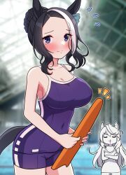 Rule 34 | 2girls, animal ears, bare arms, bare shoulders, black hair, blue eyes, blue one-piece swimsuit, blurry, blurry background, blush, board, bow, braid, braided bun, breasts, cleavage, closed mouth, collarbone, covered navel, cowboy shot, ear ribbon, forehead, hair bun, highres, horse ears, horse girl, horse tail, large breasts, looking at viewer, mejiro ramonu (umamusume), mole, mole under eye, multicolored hair, multiple girls, nontraditional school swimsuit, notice lines, one-piece swimsuit, parted hair, school swimsuit, sidelocks, smile, solo focus, streaked hair, swept bangs, swimsuit, symboli rudolf (umamusume), tail, takiki, taut clothes, taut swimsuit, tracen swimsuit, umamusume