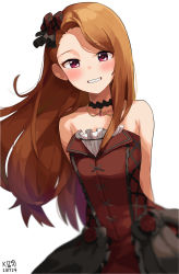 Rule 34 | 1girl, bare shoulders, blush, bow, breasts, brown hair, collarbone, dress, hair bow, hair ornament, highres, idolmaster, idolmaster (classic), idolmaster million live!, idolmaster million live! theater days, jewelry, long hair, looking at viewer, minase iori, myeolchi, necklace, open mouth, red eyes, simple background, small breasts, smile, solo, strapless, strapless dress, white background