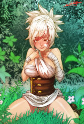 Rule 34 | 1girl, blush, breasts, cleavage, deathwingxiii, folded ponytail, large breasts, league of legends, red eyes, riven (league of legends), short hair, solo, white hair