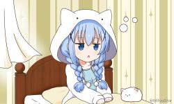 Rule 34 | 1girl, angora rabbit, animal, animal hood, bed, blue camisole, blue eyes, blue hair, braid, camisole, chestnut mouth, commentary request, curtains, gochuumon wa usagi desu ka?, hair between eyes, hair ornament, hood, hood up, hooded jacket, indoors, jacket, kafuu chino, long hair, low twintails, mitya, open clothes, open jacket, parted lips, pillow, rabbit, sitting, sleepy, tippy (gochiusa), twin braids, twintails, twitter username, under covers, waking up, white jacket, x hair ornament