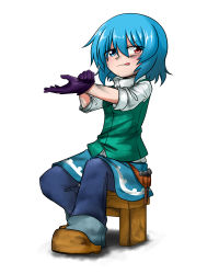 Rule 34 | 1girl, :q, bad id, bad pixiv id, blacksmith, blue eyes, blue hair, blush, boots, denim, dirty, dirty clothes, dirty face, gloves, hammer, heterochromia, highres, jeans, juliet sleeves, licking lips, long sleeves, looking at viewer, matching hair/eyes, pants, pants under skirt, puffy sleeves, putting on gloves, red eyes, short hair, sitting, skirt, sleeves rolled up, solo, stool, sumiya nadateru, tatara kogasa, tongue, tongue out, tool belt, touhou, turtleneck, vest