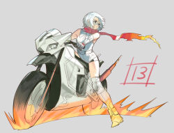 Rule 34 | 1girl, bare shoulders, bukimi isan, elbow gloves, fire, gloves, goggles, grey background, leotard, looking to the side, on motorcycle, red scarf, scarf, short hair, shy (character), shy (series), simple background, solo, thighhighs, torn clothes, torn scarf, white footwear, white gloves, white hair, white leotard, white thighhighs
