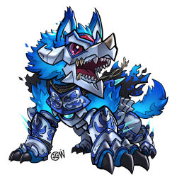 Rule 34 | 1other, armor, digimon, digimon (creature), fenriloogamon, highres, other focus, sharp teeth, solo, tail, teeth