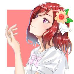 Rule 34 | 1girl, a song for you! you? you!, artist name, artist request, blush, bow, breasts, collarbone, collared shirt, female focus, flower, hair between eyes, hair flower, hair ornament, leaf, leaf hair ornament, looking at viewer, love live!, love live! school idol festival, love live! school idol project, neckerchief, nishikino maki, parted lips, pink bow, pink flower, pink neckerchief, purple eyes, red hair, sailor collar, shirt, short hair, short sleeves, smile, solo, upper body, white sailor collar, white shirt