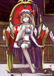 Rule 34 | 00s, 1girl, anklet, armchair, barefoot, bat wings, beatrice (umineko), blonde hair, blood, blood in mouth, bloomers, chair, crossover, empty eyes, eva beatrice, feet, feet on chair, flandre scarlet, flat chest, framed, hat, highres, hikarumiao, jewelry, legs, nail polish, navel, picture frame, ponytail, portrait (object), red eyes, short hair, side ponytail, solo, toenail polish, toenails, touhou, umineko no naku koro ni, underwear, wings