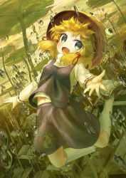 Rule 34 | 1girl, :d, absurdres, air bubble, animal print, blonde hair, bubble, building, dutch angle, ekaapetto, foreshortening, frog print, full body, green eyes, green theme, hair ribbon, hat, highres, jumping, kneehighs, leaf, lily pad, long sleeves, looking at viewer, midriff peek, moriya suwako, navel, open mouth, outdoors, outstretched hand, purple skirt, purple vest, reaching, reaching towards viewer, ribbon, ribbon-trimmed sleeves, ribbon trim, shirt, short hair, sidelocks, skirt, skirt set, sky, smile, socks, solo, touhou, twilight, underwater, vest, water drop, white shirt, white socks, yellow sky