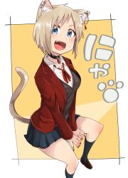 Rule 34 | 1girl, :d, animal ear fluff, animal ears, blazer, blue eyes, blue skirt, blush, cat ears, cat girl, cat tail, choker, collared shirt, ear piercing, fang, highres, jacket, jessica (roku kyuu), jewelry, kneehighs, long sleeves, looking at viewer, neck ribbon, open mouth, original, piercing, ribbon, roku kyuu, shirt, short hair, simple background, skirt, smile, socks, solo, sweater vest, tail, white background, white shirt