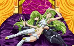 Rule 34 | 2girls, armpits, bed, bodysuit, boots, c.c., code geass, crop top, curtains, dual persona, green hair, holding hands, highres, long hair, looking at viewer, lying, midriff, multiple girls, navel, non-web source, on back, open fly, short shorts, shorts, strap, thigh boots, thighhighs, time paradox, turtleneck, unzipped, very long hair, wallpaper, white legwear, yellow eyes