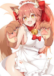 Rule 34 | 1girl, animal ear fluff, animal ears, animal hands, apron, bell, blush, breasts, cat hair ornament, cat paws, collar, fang, fate/grand order, fate (series), fox ears, fox girl, fox tail, gloves, hair ornament, hair ribbon, jingle bell, ladle, large breasts, long hair, naked apron, neck bell, open mouth, paw gloves, pink hair, ponytail, red ribbon, ribbon, rururiaru, sideboob, skin fang, solo, tail, tamamo (fate), tamamo cat (fate), tamamo cat (third ascension) (fate), white apron, yellow eyes