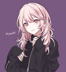 Rule 34 | 1other, absurdres, akiyama mizuki, androgynous, closed mouth, commentary, hair down, highres, kheng (k heng1223), long hair, long sleeves, pink eyes, pink hair, project sekai, purple background, simple background, sleeves past wrists, solo, upper body, zipper pull tab, zozotown