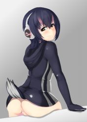Rule 34 | 10s, 1girl, anus, ass, black hair, blush, brown eyes, cleft of venus, closed mouth, female focus, gradient background, hair between eyes, headphone, hood, hoodie, humboldt penguin (kemono friends), kemono friends, looking at viewer, looking back, multicolored hair, no panties, penguin tail, pussy, shiny clothes, sman, smile, smug, solo, tail, two-tone hair, uncensored