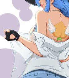 Rule 34 | 1girl, absurdres, alternate breast size, back tattoo, backboob, breasts, fingerless gloves, food, from behind, fruit, gloves, hair over shoulder, hat, head out of frame, highres, hinanawi tenshi, large breasts, median furrow, nail polish, open clothes, open shirt, peach, pink lips, pink nails, rakkidei, see-through, see-through shirt, solo, tattoo, touhou, twitter username, undressing, upper body