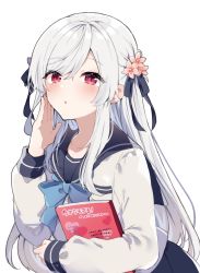 Rule 34 | 1girl, black bow, black sailor collar, black skirt, blue bow, blush, bow, flower, grey hair, hair between eyes, hair bow, hair flower, hair ornament, hand up, highres, ikeuchi tanuma, long hair, long sleeves, looking at viewer, hugging object, original, parted lips, pink flower, pleated skirt, puffy long sleeves, puffy sleeves, red eyes, sailor collar, school uniform, serafuku, shirt, simple background, skirt, sleeves past wrists, solo, very long hair, white background, white shirt