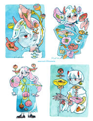 Rule 34 | 2boys, 2girls, black eyes, blue background, blue jacket, blue robe, blue skin, collage, collared shirt, colored eyelashes, colored skin, demon boy, demon girl, demon horns, disembodied hand, disembodied head, floating, flower, grey skin, growing out of body, holding, holding flower, horns, ink (medium), jacket, looking at viewer, maruti bitamin, multiple boys, multiple girls, orange flower, original, painting (medium), pink flower, pink hair, red eyes, red flower, red horns, robe, see-through, shirt, spine, surreal, traditional media, watercolor (medium), white background, white flower, white hair, white shirt, yellow flower