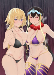 Rule 34 | 2girls, bare shoulders, bead necklace, beads, bikini, black bikini, blonde hair, blue eyes, blush, braid, breast press, breasts, brown hair, cleavage, closed mouth, collarbone, commentary request, earrings, fate/apocrypha, fate/grand order, fate (series), gradient background, hair between eyes, headpiece, highres, hoop earrings, jeanne d&#039;arc (fate), jeanne d&#039;arc (ruler) (fate), jewelry, large breasts, long braid, long hair, looking at viewer, multiple girls, navel, necklace, open mouth, prayer beads, purple bikini, purple legwear, red eyes, saku (saku1151), single braid, swimsuit, symmetrical docking, thighhighs, thighs, very long hair, xuangzang sanzang (fate)