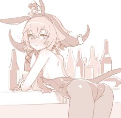 Rule 34 | 1girl, alcohol, animal ears, arknights, ass, back, bent over, blush, bottle, breasts, detached collar, fake animal ears, female focus, flower, flower on head, from behind, glass bottle, hair ornament, leotard, looking at viewer, looking back, monochrome, pallas (arknights), pantyhose, pink theme, playboy bunny, rabbit ears, raigou, short hair with long locks, small breasts, solo, strapless, strapless leotard, wrist cuffs, x hair ornament