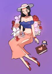 Rule 34 | 1girl, artist name, bandeau, black choker, black hair, book, bouquet, choker, closed eyes, doll, duckprotector26, flower, high heels, highres, holding, holding bouquet, invisible chair, long hair, mixed-language commentary, nico robin, one piece, purple background, red footwear, simple background, sitting, smile, solo