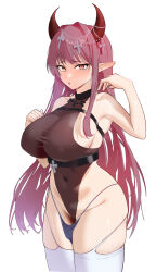 Rule 34 | 1girl, absurdres, bare shoulders, black leotard, breasts, commentary, commission, copyright request, covered navel, english commentary, hair ornament, hand up, heterochromia, highleg, highleg leotard, highres, horns, large breasts, legs together, leotard, long hair, nose, pointy ears, red eyes, red hair, red horns, sideboob, simple background, solo, sovietex, standing, sweat, taut leotard, thighhighs, very long hair, white background, white thighhighs, yellow eyes