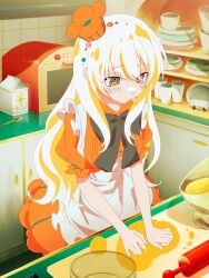 Rule 34 | 1girl, apron, blonde hair, bow, bowl, bowtie, chef hat, cooking, dough, dress, expressionless, green eyes, hat, highres, indoors, kitchen, long hair, looking down, mini hat, nomura kitan, orange dress, orange hat, original, rolling pin, short sleeves, solo, tilted headwear, white apron