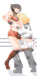 Rule 34 | 2girls, ass, bearhug, black hair, blonde hair, boots, breasts, chaps, clenched teeth, dixie clemets, highres, hinomoto reiko, konami, large breasts, multiple girls, rumble roses, ryu3224, sweat, teeth, thighs, wrestling, wrestling outfit