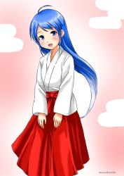 Rule 34 | 1girl, alternate costume, blue eyes, blue hair, commentary request, cowboy shot, gradient hair, japanese clothes, kantai collection, kudou (ooabareteng), long hair, looking at viewer, miko, multicolored hair, one-hour drawing challenge, pink background, red hakama skirt, samidare (kancolle), solo, standing, swept bangs, very long hair