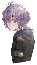 Rule 34 | 1girl, bernadetta von varley, closed mouth, fire emblem, fire emblem: three houses, from side, garreg mach monastery uniform, grey eyes, highres, hood, hood down, looking to the side, nintendo, pieces fe3h, purple hair, short hair, simple background, solo, tearing up, uniform, upper body, white background