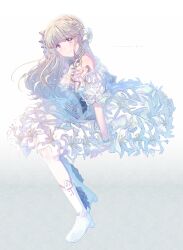 Rule 34 | 1girl, arm support, bare shoulders, blush, boots, braid, brown hair, closed mouth, commission, copyright request, detached sleeves, dress, flower, full body, gradient background, grey background, hair flower, hair ornament, high heel boots, high heels, highres, ittokyu, long hair, pantyhose, puffy short sleeves, puffy sleeves, purple eyes, short sleeves, skeb commission, smile, solo, very long hair, virtual youtuber, white background, white dress, white flower, white footwear, white pantyhose, white sleeves, wrist cuffs