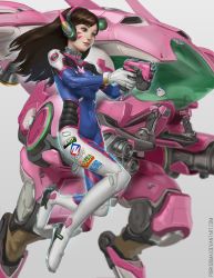 Rule 34 | 1girl, arm cannon, armor, bodysuit, boots, bracer, breasts, brown eyes, brown hair, charm (object), closed mouth, covered navel, d.va (overwatch), doraemon, doraemon (character), emblem, facepaint, facial mark, finger on trigger, from side, gatling gun, gloves, gun, handgun, headphones, holding, holding gun, holding weapon, light smile, lips, lipstick, logo, long hair, long sleeves, makeup, mecha, medium breasts, meka (overwatch), midair, overwatch, overwatch 1, pauldrons, pilot suit, pink lips, pxvx, ribbed bodysuit, robot, shoulder armor, shoulder pads, skin tight, solo, thigh boots, thigh strap, thighhighs, turtleneck, watermark, weapon, web address, whisker markings, white gloves