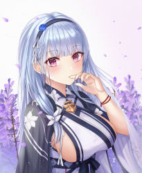 Rule 34 | 1girl, absurdres, azur lane, blue cloak, blue hair, blush, breasts, cloak, commentary request, dido (azur lane), earrings, field, floral print, flower, flower field, funii, gradient background, hair flower, hair ornament, hairband, highres, japanese clothes, jewelry, kimono, large breasts, lavender (flower), light blue hair, long hair, looking at viewer, petals, purple eyes, sash, sideboob, sidelocks, skindentation, solo, stud earrings, white kimono