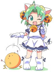 Rule 34 | 1girl, 1other, ahoge, animal hat, apron, bell, cat hat, cat tail, dejiko, di gi charat, dribbling (basketball), fang, full body, gema, gloves, green eyes, green hair, hair bell, hair ornament, hat, highres, jingle bell, maid, maid apron, one eye closed, open mouth, ribbon, roku no hito, simple background, smile, standing, tail, tail ornament, tail ribbon, white background, white gloves