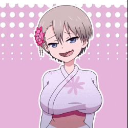 Rule 34 | 1girl, anaiko, animated, animated gif, asymmetrical bangs, bikini, bikini top only, blue eyes, bra, breasts, cleavage, clothes, collarbone, fang, female focus, flower, hair between eyes, hair flower, hair ornament, half-closed eyes, happy, japanese clothes, kimono, large breasts, open clothes, open mouth, short hair, silver hair, simple background, skin fang, smile, solo, striped bra, striped clothes, swimsuit, underwear, uzaki-chan wa asobitai!, uzaki hana