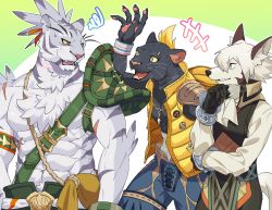 Rule 34 | +++, 3boys, abs, albert (world flipper), animal ears, animal hands, animal nose, arm up, armor, artist name, bandages, belt, biceps, black fur, black gloves, black pants, black vest, blonde hair, blue eyes, blue pants, body fur, bracer, brown fur, claw (world flipper), claws, collarbone, colored sclera, cowboy shot, eye contact, eyebrow piercing, fangs, furry, furry male, gloves, green pants, grey fur, grey hair, hand on own chin, happy, high collar, hood, hood down, hooded vest, hoodie, knhrpnkt, leopard boy, leopard ears, long sleeves, looking at another, male focus, multicolored hair, multiple boys, muscular, muscular male, nimbus (world flipper), no shirt, notched ear, open clothes, open mouth, open vest, orange eyes, outline, pants, pawpads, pectorals, piercing, pouch, red eyes, scar, scar on arm, sharp teeth, shirt, short hair, shoulder armor, signature, simple background, smile, snout, squiggle, standing, stroking own chin, tail, teeth, tiger boy, tiger ears, tongue, topknot, twitter username, two-tone background, two-tone fur, two-tone hair, upper body, vest, whiskers, white background, white fur, white outline, white shirt, wolf boy, wolf ears, wolf tail, world flipper, wristband, yellow sclera, yellow vest