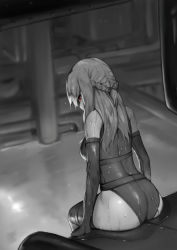 Rule 34 | 1girl, absurdres, ass, braid, breasts, from behind, greyscale, highres, hiiragi shinoa, large breasts, long hair, looking at viewer, looking back, monochrome, owari no seraph, red eyes, rou (rou22), sitting, solo, swimsuit, thighhighs, thighs, wet