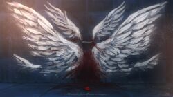 Rule 34 | angel wings, artist name, blood, blood on ground, blood on wall, commentary request, english text, flower, halo, highres, kuromahikaren, light particles, lycoris recoil, no humans, spider lily, variant set, wings