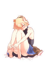 Rule 34 | 1girl, anger vein, ass, bad id, bad pixiv id, bare arms, bare legs, bare shoulders, barefoot, black bow, black shirt, blonde hair, unworn blouse, blue skirt, blush, bow, breasts, brown shirt, collarbone, commentary request, convenient leg, green eyes, hair bow, hair over one eye, half updo, head tilt, highres, large breasts, looking to the side, mizuhashi parsee, non (z-art), panties, panty peek, pointy ears, shirt, short hair, sideboob, simple background, skirt, sleeveless, sleeveless shirt, sleeveless turtleneck, solo, thighs, touhou, turtleneck, underwear, white background, white panties