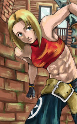 Rule 34 | abs, belt, blonde hair, blue mary, commentary request, fatal fury, fingerless gloves, gloves, highres, midriff, mimiyama kiichi, navel, snk, solo, the king of fighters
